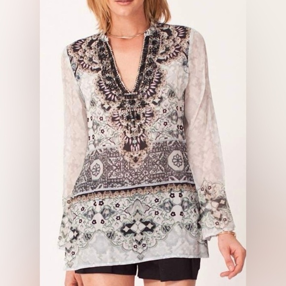 HALE BOB CABANA Womens ANALISA Chiffon Silk Tunic Top Beaded Gray Black Medium - Picture 1 of 12